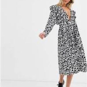 Glamorous Boutique Animal Print Plunge Neckline White Black Midi Dress 6 New